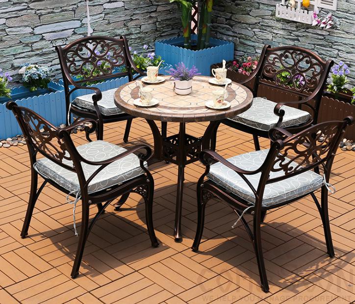 Outdoor cast aluminum tables and chairs