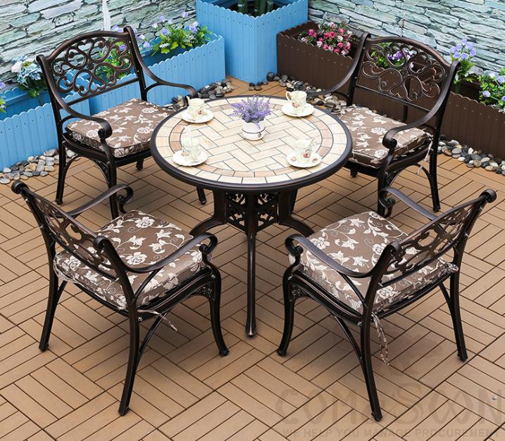 Outdoor cast aluminum tables and chairs