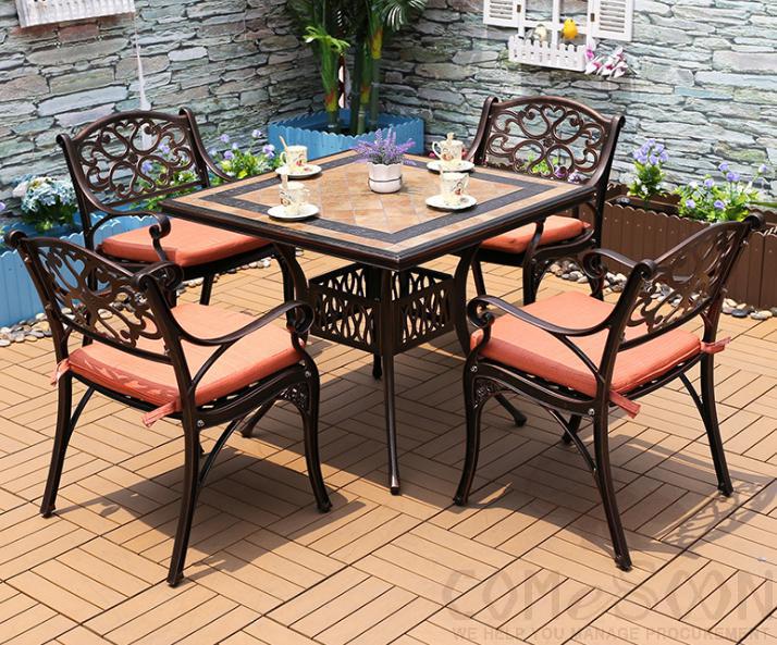 Outdoor cast aluminum tables and chairs