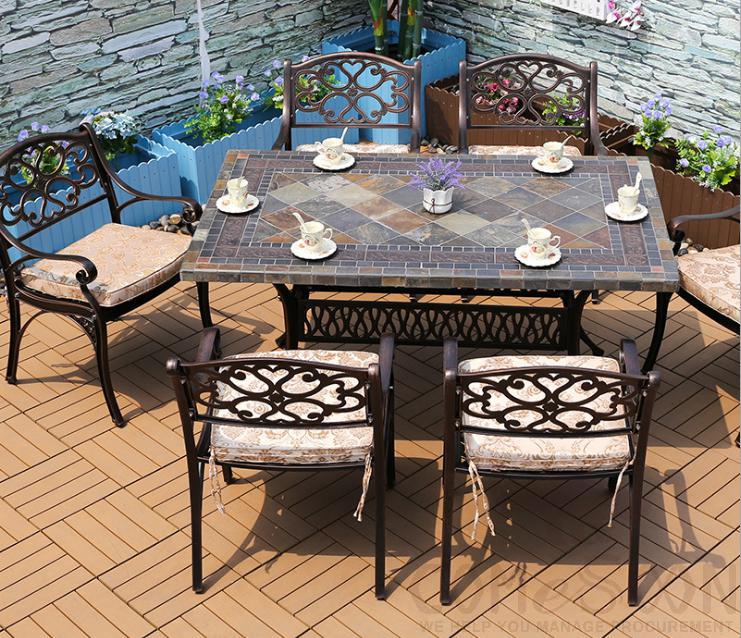 Outdoor cast aluminum tables and chairs