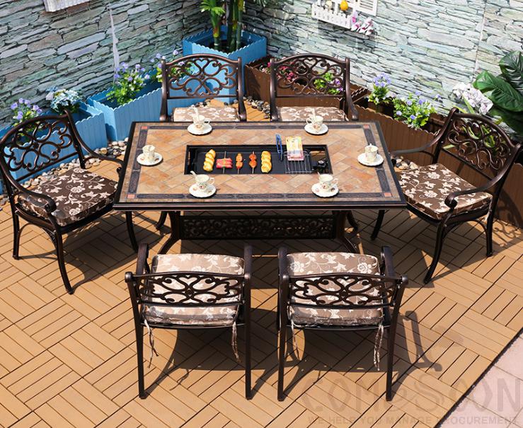 Outdoor cast aluminum tables and chairs