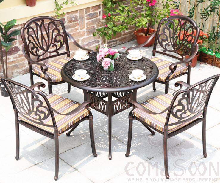Outdoor cast aluminum tables and chairs