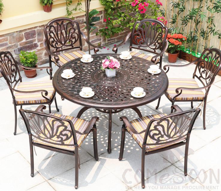 Outdoor cast aluminum tables and chairs