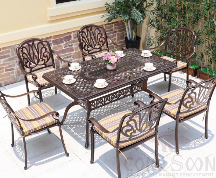 Outdoor cast aluminum tables and chairs