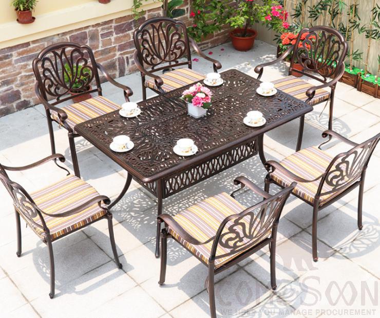 Outdoor cast aluminum tables and chairs