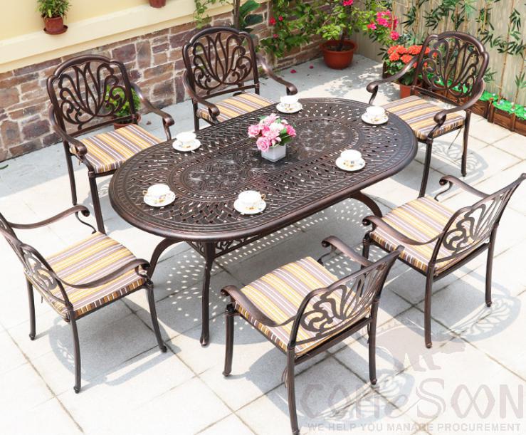Outdoor cast aluminum tables and chairs