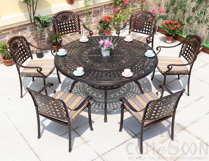 Outdoor cast aluminum tables and chairs
