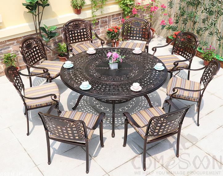 Outdoor cast aluminum tables and chairs