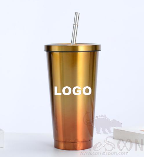 S/S Straw Cup Water Mug w/logo 500ml color golden