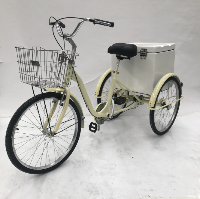 Tricycle,Aluminum Alloy,24&quot; W/ White Fiberglass Box and Iron Front Basket