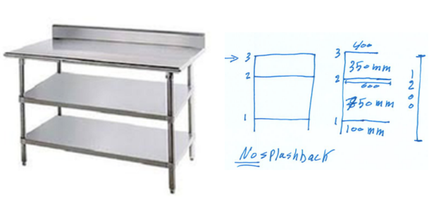 SS work table with 3 shelves With Splashback, 1200*600*850+100mm, SUS 304