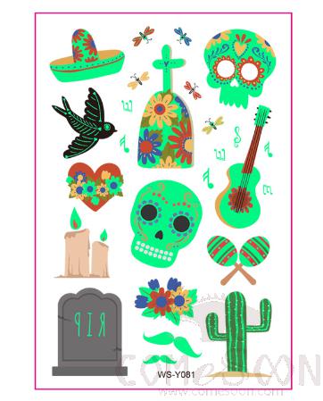 Day Of The Dead Glow-In-The-Dark Tattoo Kids Sticker,110*75mm