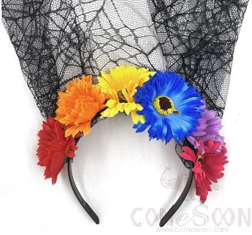 Halloween Simulation Flower Veil Dark Tie Headband,Polyester Cloth