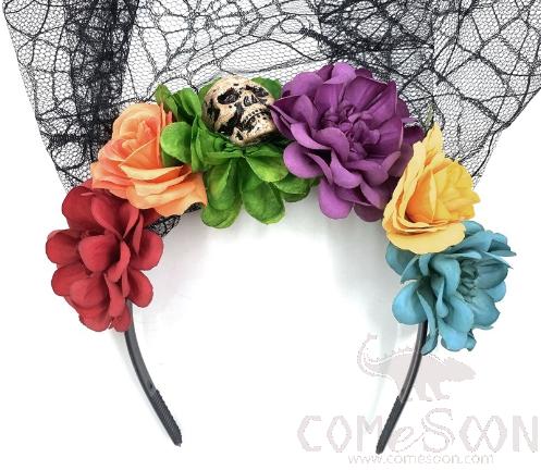 Halloween Simulation Flower Veil Dark Tie Headband,Polyester Cloth