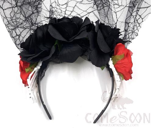 Halloween Simulation Flower Veil Dark Tie Headband,Polyester Cloth