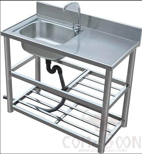 SS 304 fish preparation sink with 2 under shelves, Clearance hole,splash back + deck faucet, 3000*700*850+100mm