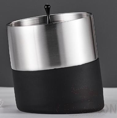 Stainless Steel Double Ice Bucket，Silver Bevelled Frosted，Φ13.8*H14.7cm