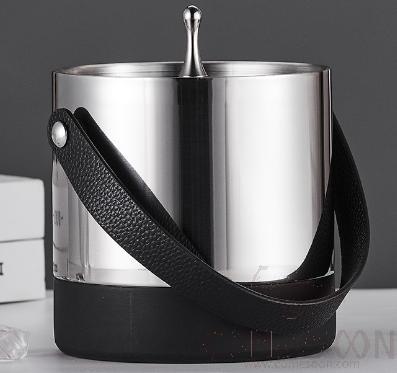 Double-layer Ice Bucket, Leather Carrying Handle, Silver Glossy, D14cm*H17cm