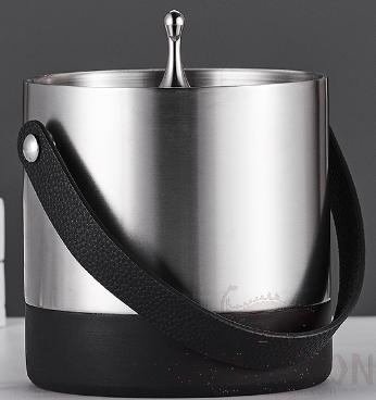 Double-layer Ice Bucket, Leather Carrying Handle, Silver Frosted, D14cm*H17cm