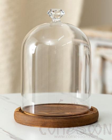 Diamond Glass Cover With Wood Base D12*16cm