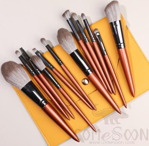 Nylon Cosmetic Brush Set + Organiser, Orange, Brown, 14cm