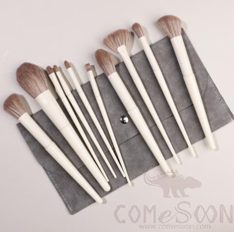 Nylon Cosmetic Brush Set + Dark Grey Storage Bag, White, 14cm