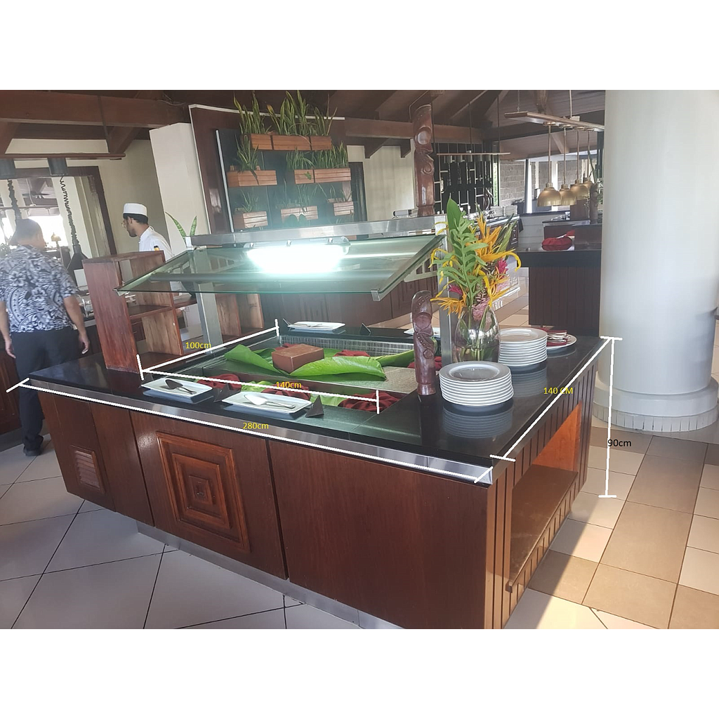 Salad Buffet Cooling Bar, Marble + 201 SS, 5 ~10 ℃, L2800*W1400*H850mm+Shelf Dustproof Acrylic Cover 650mm High