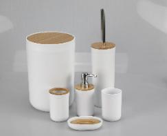 Cylindrical five-piece sleeve，PS + bamboo，white，The soap dispenser bottles of 7.5 * 16.8 cm;
Toothbrush holder 7.5 * 11.2 cm;
Mouthwash cup 7.5 * 10.8 cm;
Soap dish 12.3 * 9.2 * 2.5 cm;
Toilet brush 9.2 * 43 cm;
Dustbin 19 * 28.6 cm