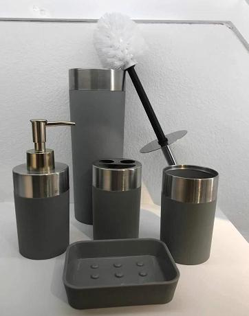 Mouthwash cup，ABS+ rubber paint+318 stainless steel，grey，Soap dispenser bottle of 6.5 * 17.5 cm;
Toothbrush holder 6.5 x 11 cm;
Mouthwash cup 6.5 x 11 cm;
Soap dish of 11.7 * 8.7 * 2.8 cm;
Toilet brush 8.8 * 38 cm